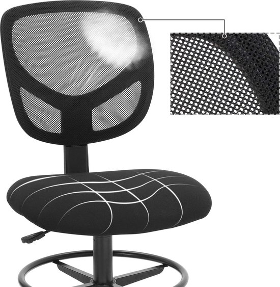 Zwarte bureaustoel met gaasrugleuning en een gedetailleerde weergave van het ademende mesh-materiaal van de zitting en rugleuning.