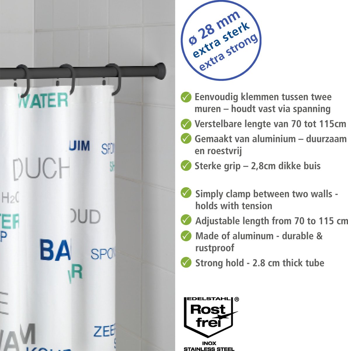 WENKO Douchegordijnstang telescopisch 70115cm aluminium zwart