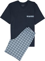 SCHIESSER heren shortama - V-hals - donkerblauw met geruite broek -  Maat: 5XL