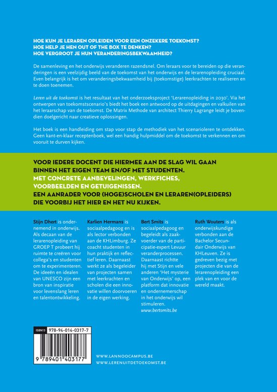 Boekomslag met de titel 'Leren uit de Toekomst' en auteursnamen. Tekst onderaan: LERENUITDETOEKO MST.COM.