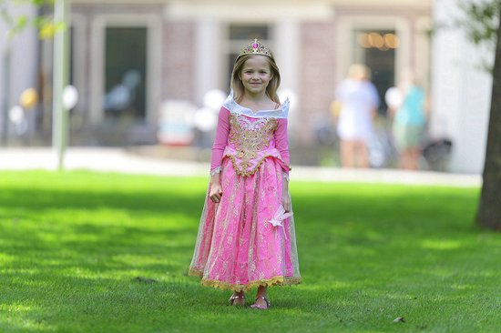 La Señorita Doornroosje jurk Prinsessenjurk Royal Queen Deluxe 104-110 (110) roze goud + kroon verkleedjurk verkleedkleding verjaardag meisje