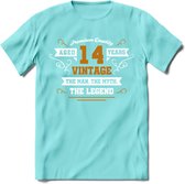 14 Jaar Legend T-Shirt | Goud - Wit | Grappig Verjaardag en Feest Cadeau Shirt | Dames - Heren - Unisex | Tshirt Kleding Kado | - Licht Blauw - L