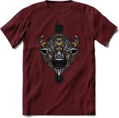 Bizon - Dieren Mandala T-Shirt | Geel | Grappig Verjaardag Zentangle Dierenkop Cadeau Shirt | Dames - Heren - Unisex | Wildlife Tshirt Kleding Kado | - Burgundy - M