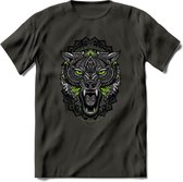 Wolf - Dieren Mandala T-Shirt | Groen | Grappig Verjaardag Zentangle Dierenkop Cadeau Shirt | Dames - Heren - Unisex | Wildlife Tshirt Kleding Kado | - Donker Grijs - XL