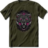 Wolf - Dieren Mandala T-Shirt | Roze | Grappig Verjaardag Zentangle Dierenkop Cadeau Shirt | Dames - Heren - Unisex | Wildlife Tshirt Kleding Kado | - Leger Groen - M