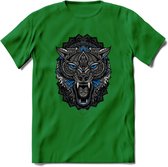 Wolf - Dieren Mandala T-Shirt | Blauw | Grappig Verjaardag Zentangle Dierenkop Cadeau Shirt | Dames - Heren - Unisex | Wildlife Tshirt Kleding Kado | - Donker Groen - S