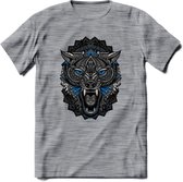 Wolf - Dieren Mandala T-Shirt | Blauw | Grappig Verjaardag Zentangle Dierenkop Cadeau Shirt | Dames - Heren - Unisex | Wildlife Tshirt Kleding Kado | - Donker Grijs - Gemaleerd - M