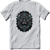 Leeuw - Dieren Mandala T-Shirt | Lichtblauw | Grappig Verjaardag Zentangle Dierenkop Cadeau Shirt | Dames - Heren - Unisex | Wildlife Tshirt Kleding Kado | - Licht Grijs - Gemaleerd - 3XL