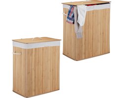 2x wasmand bamboe - 2 vakken - wassorteerder - 95 liter - opvouwbaar - deksel