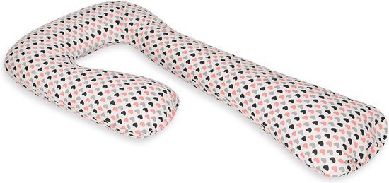 Voedingskussen - Zijslaapkussen - 235 cm - 100% katoen - roze grijze en zwarte hartjes