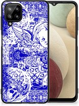 Smartphone Hoesje Geschikt voor Samsung Galaxy A12 Back Case TPU Siliconen Hoesje met Zwarte rand Angel Skull Blue