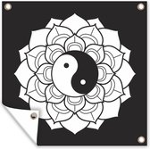 Tuindoek Zwart-wit illustratie van een Lotus met het Yin en Yang symbool - 100x100 cm