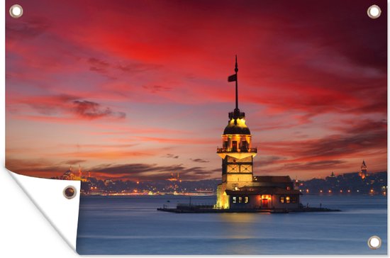 Foto: Tuinposters buiten zonsondergang bij maiden s tower in de bosporus in istanbul turkije 90x60 cm tuindoek buitenposter