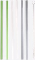 Point-Virgule 6 glazen rietjes transp.; groen en grijs met borstel en zakje 21.5cm