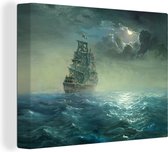 Canvas Schilderij Olie schilderij van een schip op de nachtelijke zee - 40x30 cm - Wanddecoratie