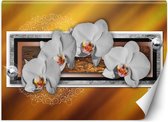 Trend24 - Behang - Geometrie En Orchideeën - Behangpapier - Fotobehang 3D - Behang Woonkamer - 450x315 cm - Incl. behanglijm