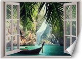 Trend24 - Behang - Venster Met Uitzicht Op De Paradise Bay - Behangpapier - Fotobehang Natuur - Behang Woonkamer - 210x150 cm - Incl. behanglijm