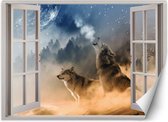 Trend24 - Behang - Venster - Howling Wolven - Vliesbehang - Fotobehang Dieren - Behang Woonkamer - 210x150 cm - Incl. behanglijm