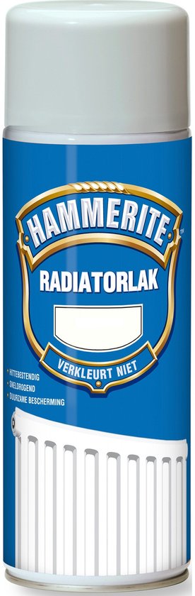 Hammerite Radiatorlak spuitbus wit. Afbeelding van een radiator op de bus.
