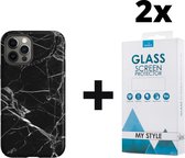 Backcover Marmerlook Hoesje iPhone 12 Pro Zwart - 2x Gratis Screen Protector - Telefoonhoesje - Smartphonehoesje