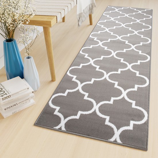 Tapiso Luxury Carpet Runner Grijs Wit Oriental Corridor Salon Tapis Taille - 80x300