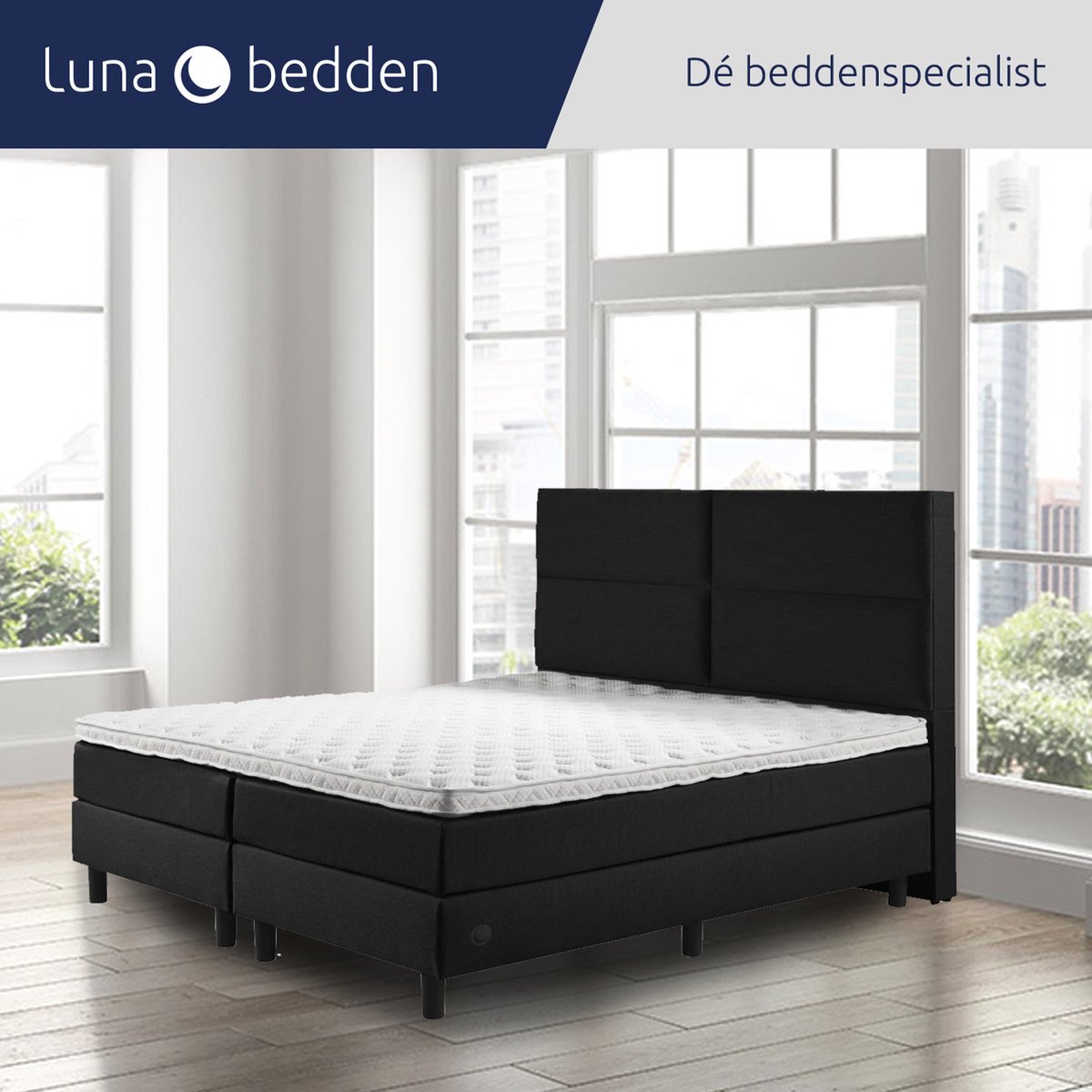 Luna Bedden - Boxspring Luna - 200x220 Compleet Zwart 4vaks Bed