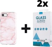 Backcover Marmerlook Hoesje iPhone 8 Roze - 2x Gratis Screen Protector - Telefoonhoesje - Smartphonehoesje