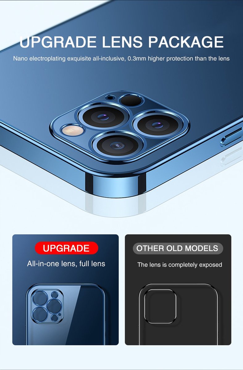 iPhone 13 Pro Max Hoesje - Transparent / Blue Phone Case - Transparant / Blauw - Shockproof - Schokbestendig - Individual Lens Protection - Individuele lensbescherming - Compatible Wireless Charging - Compatibel draadloos opladen