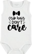 Baby Rompertje met tekst 'Crib hair, don't care 2' | mouwloos l | wit zwart | maat 50/56 | cadeau | Kraamcadeau | Kraamkado