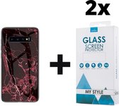 Backcover Marmerlook Hoesje Samsung Galaxy S10 Rood - 2x Gratis Screen Protector - Telefoonhoesje - Smartphonehoesje
