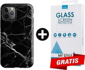 Backcover Marmerlook Hoesje iPhone 12 Pro Zwart - Gratis Screen Protector - Telefoonhoesje - Smartphonehoesje