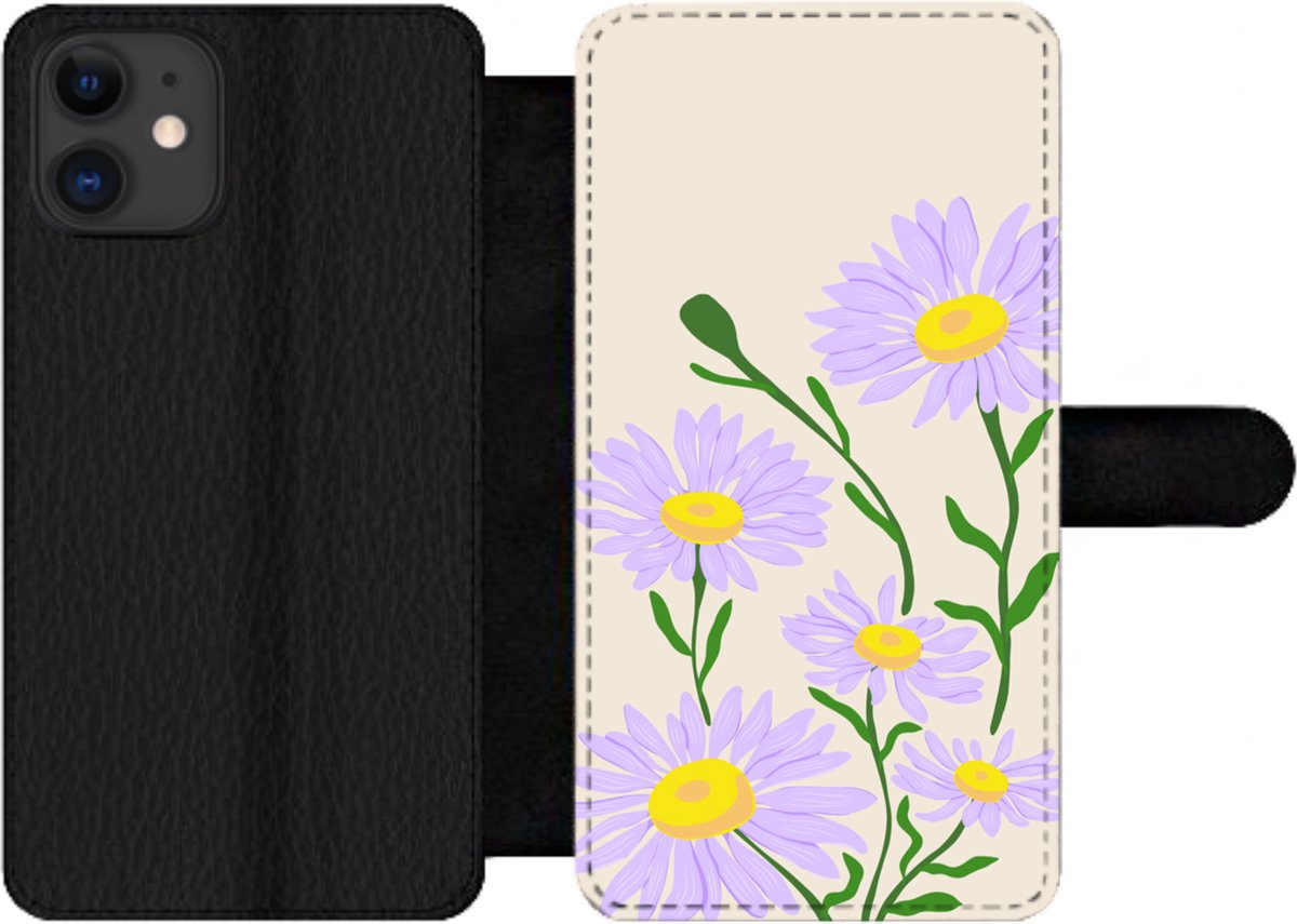 Telefoonhoesje Geschikt voor iPhone 12 Pro Max telefoonhoesje - Bloem - Paars - Minimalisme - Met vakjes - Wallet case met magneetsluiting - Verjaardag cadeau tiener