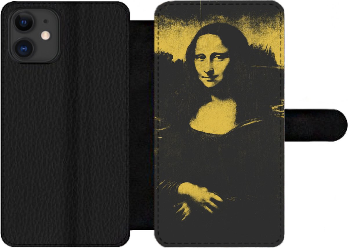 Telefoonhoesje Geschikt voor iPhone 12 Pro Max telefoonhoesje - Mona Lisa - Da Vinci - Geel - Zwart - Met vakjes - Wallet case met magneetsluiting