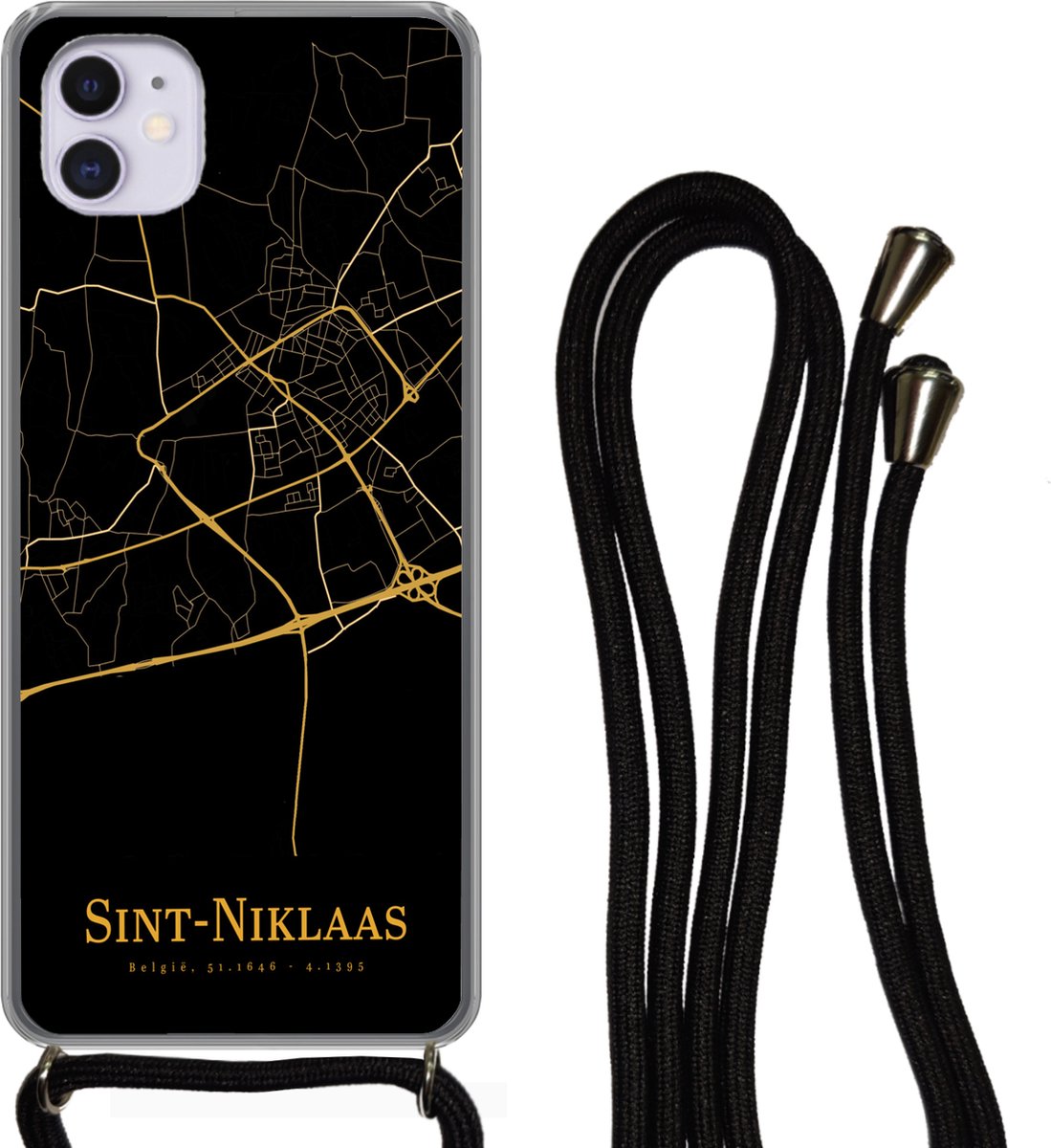 Telefoonkoord - Telefoonketting - Telefoonhoesje Geschikt voor iPhone 12 - Sint-Niklaas - Kaart - Goud - Siliconen - Crossbody - Telefoonhoesje met koord Telefoonhoesje