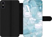 Bookcase Geschikt voor iPhone XS telefoonhoesje - Natuursteen - Blauw - Parelmoer - Met vakjes - Wallet case met magneetsluiting