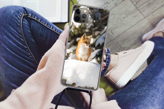 Telefoonhoesje Geschikt voor iPhone 12 pro crossbody - Vos - Sneeuw - Boom - Siliconen - Crossbody - Backcover met Koord - Telefoonhoesje met koord - Hoesje met touw Telefoonhoesje