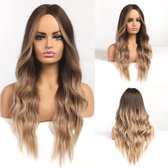 Homezie Pruik - Lang golvend haar - Balayage - Pruiken dames - Pruiken - Wasbaar - Kambaar - Hoge kwaliteit - Pruiken dames lang haar