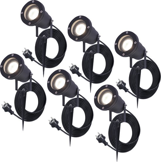 HOFTRONIC 6x HOFTRONIC Sydney - GU10 Tuinspot voor buiten - 1.5 Meter kabel met eurostekker - 5 Watt 450 lumen - Aluminium Prikspot met grondspies - Schijnwerper