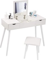 Make-uptafel met spiegel en kruk, kaptafel met opklapbare spiegel, bureau met 2 laden, 100 x 40 x 75 cm (l x b x h), make-uptafel computertafel met groot tafelblad, wit