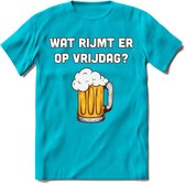 Wat Rijmt Er Op Vrijdag? T-Shirt | Bier Kleding | Feest | Drank | Grappig Verjaardag Cadeau | - Blauw - XL