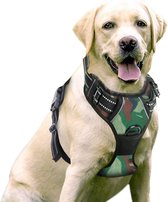 Hondentuigje - voor middelgrote honden - camo groen - maat M - No pull - Anti trek - Reflecterend - Hoeft niet over het hoofd aangetrokken te worden