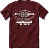 69 Jaar Legend T-Shirt | Zilver - Wit | Grappig Verjaardag en Feest Cadeau | Dames - Heren - Unisex | Kleding Kado | - Burgundy - M