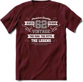 62 Jaar Legend T-Shirt | Zilver - Wit | Grappig Verjaardag en Feest Cadeau | Dames - Heren - Unisex | Kleding Kado | - Burgundy - XXL