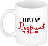 I love my boyfriend cadeau koffiemok / theebeker wit met Cupido pijl - Valentijnsdag - valentijn cadeautje voor hem