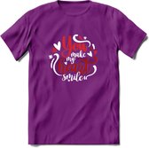 You Make My Heart Smile - Valentijn T-Shirt | Grappig Valentijnsdag Cadeautje voor Hem en Haar | Dames - Heren - Unisex | Kleding Cadeau | - Paars - L