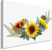 Schilderij - Zonnebloem en bladeren (print op canvas), premium print