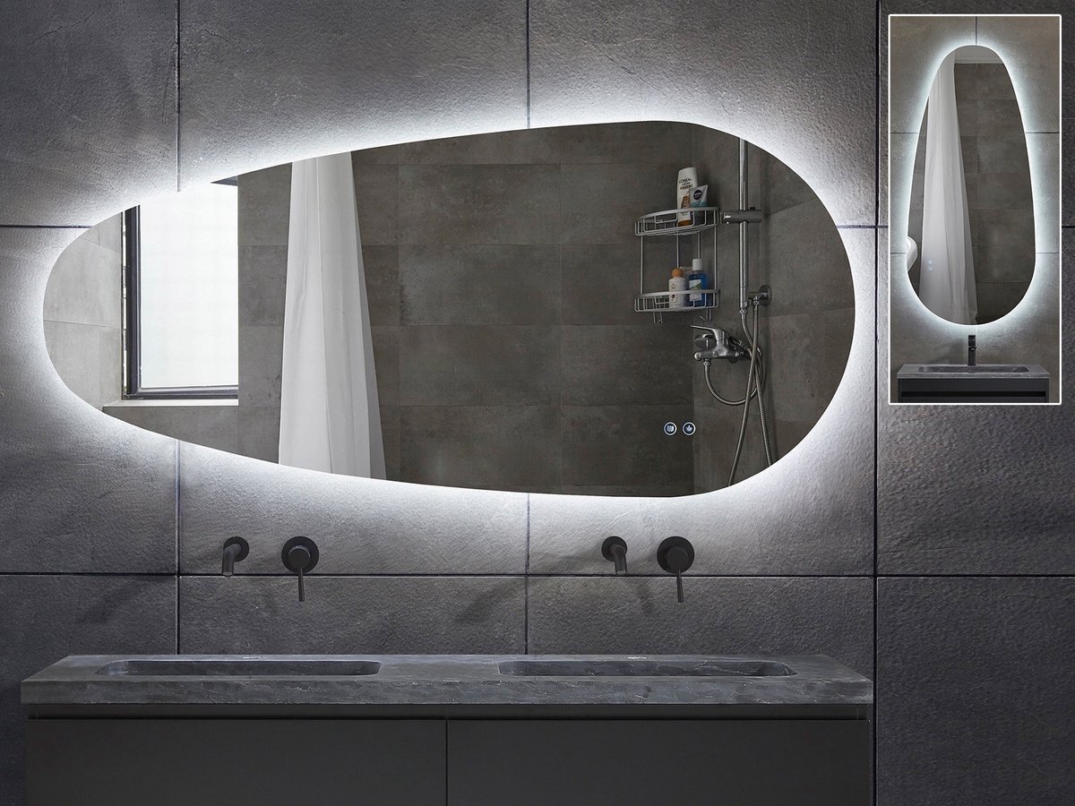 Mawialux LED Badkamerspiegel - Dimbaar - 159x69cm - Asymmetrisch - Horizontaal of verticaal ophangen - Verwarming - Touchscreen - Ana