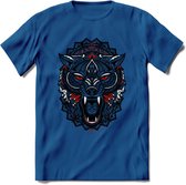 Wolf - Dieren Mandala T-Shirt | Rood | Grappig Verjaardag Zentangle Dierenkop Cadeau Shirt | Dames - Heren - Unisex | Wildlife Tshirt Kleding Kado | - Donker Blauw - M
