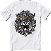 Tijger - Dieren Mandala T-Shirt | Geel | Grappig Verjaardag Zentangle Dierenkop Cadeau Shirt | Dames - Heren - Unisex | Wildlife Tshirt Kleding Kado | - Wit - XXL