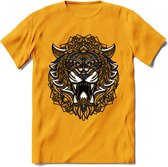 Tijger - Dieren Mandala T-Shirt | Donkerblauw | Grappig Verjaardag Zentangle Dierenkop Cadeau Shirt | Dames - Heren - Unisex | Wildlife Tshirt Kleding Kado | - Geel - L